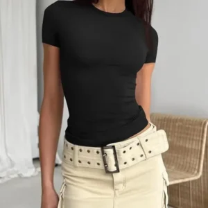 Women Short Sleeve T-shirts Causal O Neck Solid Slim Fit Tee Summer Sexy Basic Crop Top Simple T Shirt Female Y2K Tops Clothes