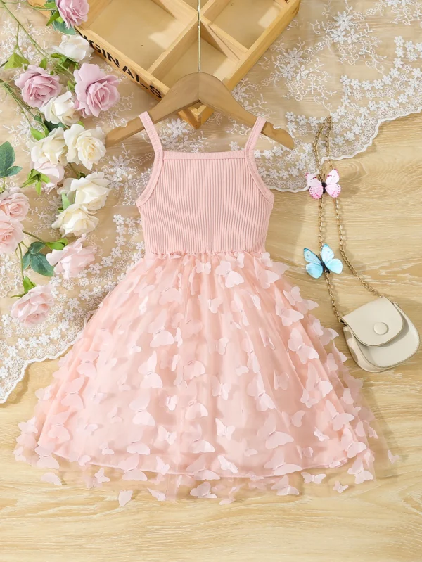 Summer Toddler Kids Girl's Clothes Baby's Butterfly Decor Mesh Splicing Cami Dress Elegant Sleeveless Princess Dress