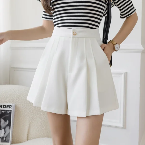 New Fashion High Waist A-line Pleated Shorts Skirts Women Summer Solid Color Wide-leg Shorts Office Lady Casual Shorts - Image 2