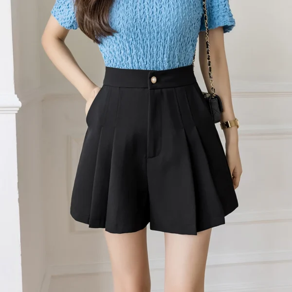 New Fashion High Waist A-line Pleated Shorts Skirts Women Summer Solid Color Wide-leg Shorts Office Lady Casual Shorts - Image 3