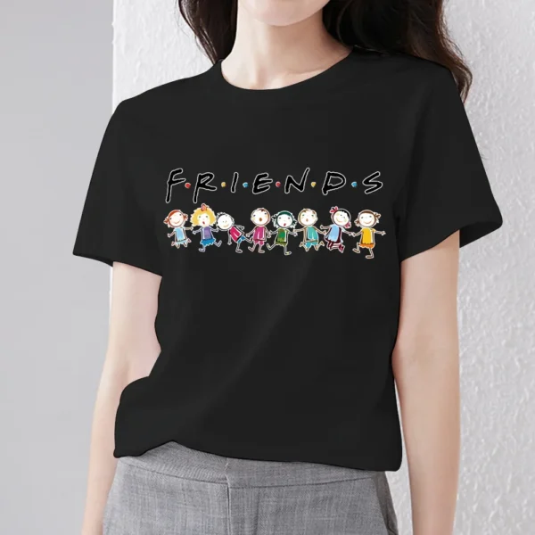 Simple Women's Clothing T-shirt Black Casual Slim Top Text Friend Pattern Printing Ladies Fashion Youth Round Neck Short Sleeve - Image 3