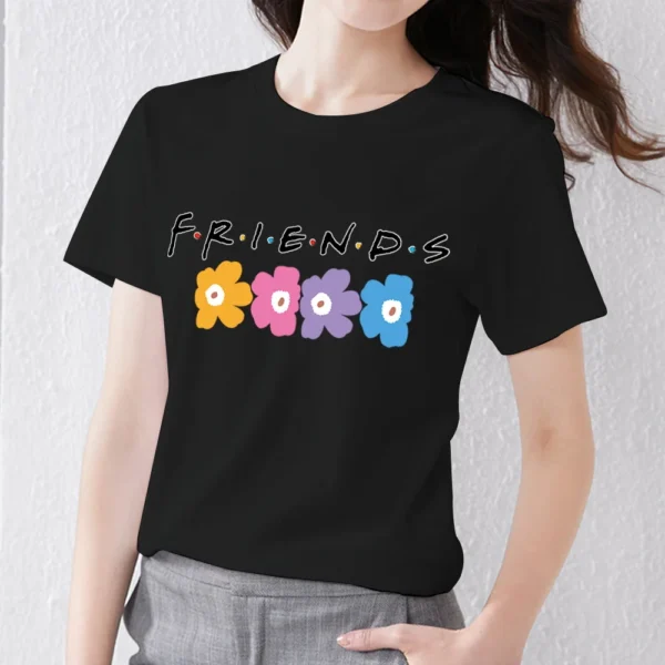 Simple Women's Clothing T-shirt Black Casual Slim Top Text Friend Pattern Printing Ladies Fashion Youth Round Neck Short Sleeve - Image 2