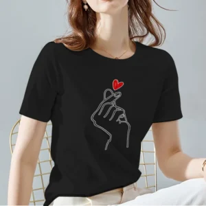 Women Tops Tee Black All-match Casual Ladies T-Shirts O Neck Love Heart Pattern Print Commuter Short Sleeve Women's Clothing