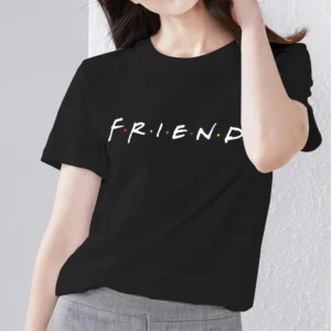 Simple Women's Clothing T-shirt Black Casual Slim Top Text Friend Pattern Printing Ladies Fashion Youth Round Neck Short Sleeve