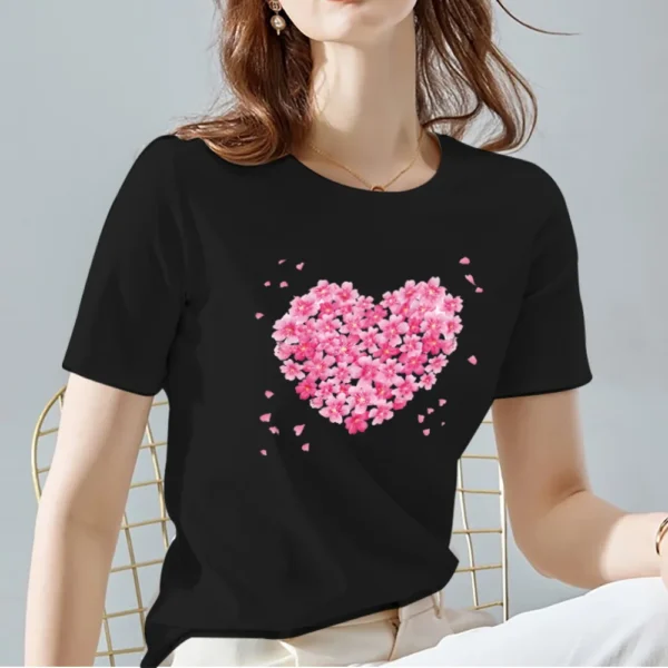 Women Tops Tee Black All-match Casual Ladies T-Shirts O Neck Love Heart Pattern Print Commuter Short Sleeve Women's Clothing - Image 4