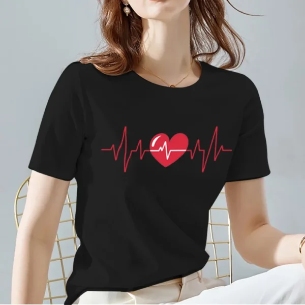 Women Tops Tee Black All-match Casual Ladies T-Shirts O Neck Love Heart Pattern Print Commuter Short Sleeve Women's Clothing - Image 2