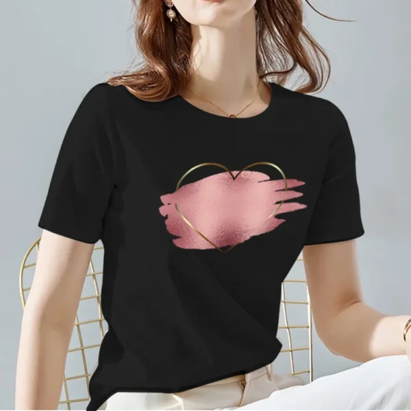 Women Tops Tee Black All-match Casual Ladies T-Shirts O Neck Love Heart Pattern Print Commuter Short Sleeve Women's Clothing - Image 3