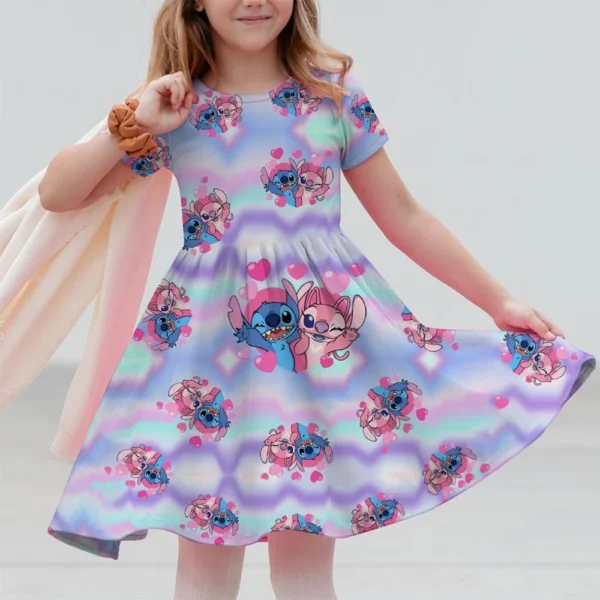 Summer New Children's Clothing 3d Printed Romantic Stitch Cute Girl Short-Sleeved Dress 3-14 Years Old Kids Performance Clothing - Image 4