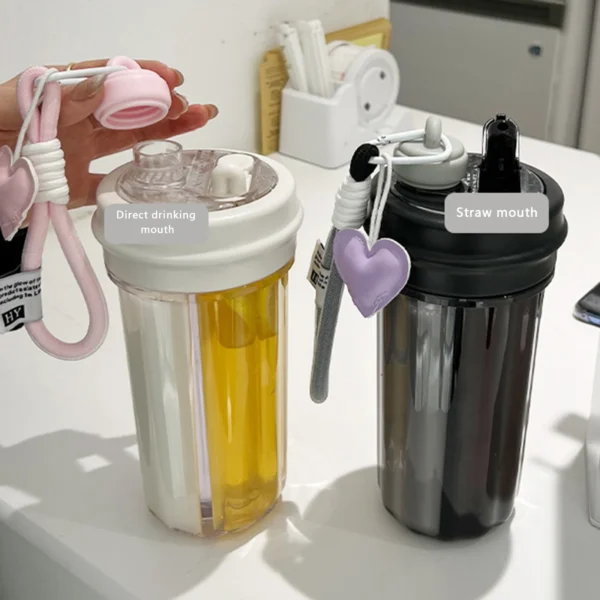 Water Bottle 2 in 1 Drinking Bottle with Compartment Straw Carrying Strap Reusable Drink Bottle for Daily Sports Gym - Image 2
