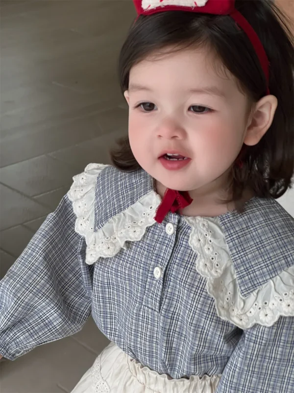 2025 Spring New Baby Girl Long Sleeve Plaid Shirts Kids Girls Lace Large Lapel Blouse Infant Cotton Tops Children Clothes - Image 5