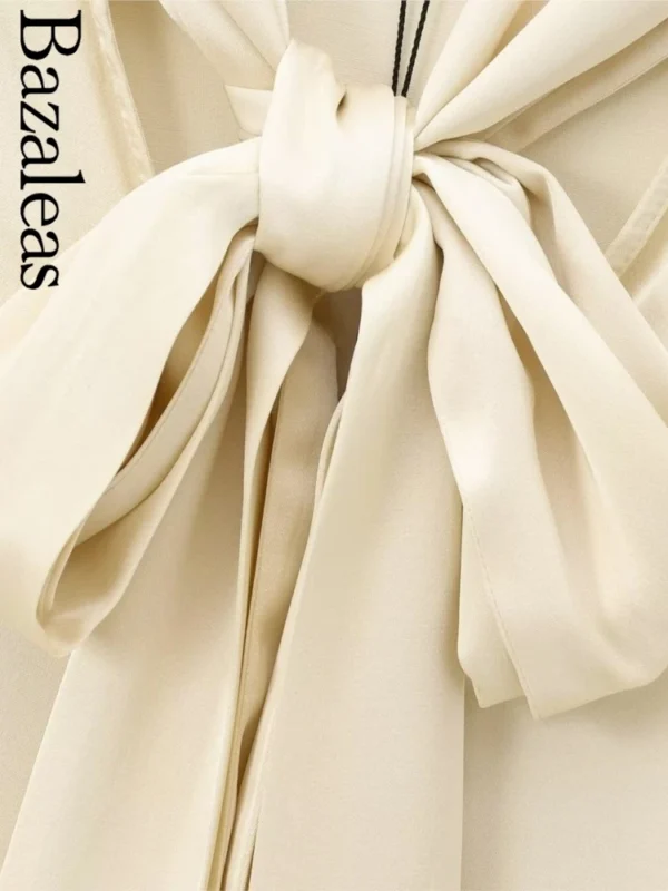 Bazaleas Traf Bandage Tie Blouse – Beige Women's Silk-Like Shirt, Elegant & Official Style - Image 2