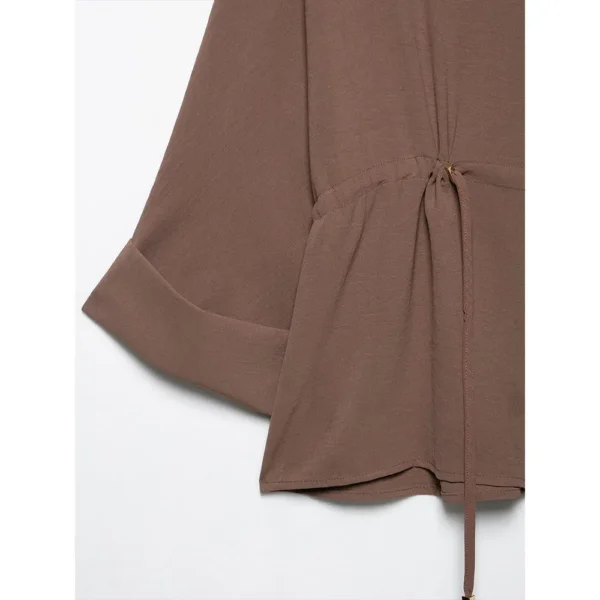 DUOPERI Women Fashion Spring New Brown Lace Up Blouse Vintage Lapel Neck Long Sleeves Female Chic Lady Shirts - Image 4