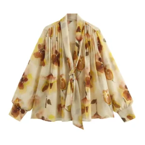 UNIZERA women's fashionable loose floral print semi transparent lapel tie long sleeved spring new shirt
