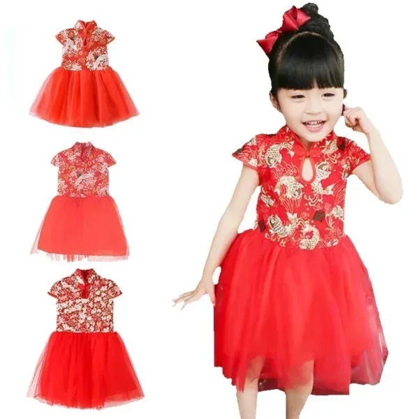 Fashion Red Girl Dress Summer Performance Kids Cheongsam Vestidos Baby Chinese Qipao Mesh Princess Dresses Children Clothing - Image 2