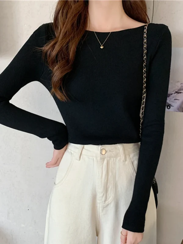 Autumn Winter Women Sweaters Slash Neck Slim Knitted Pullovers chic Basic Solid Jumper Female Sweater Casual Jersey Tops - Image 3