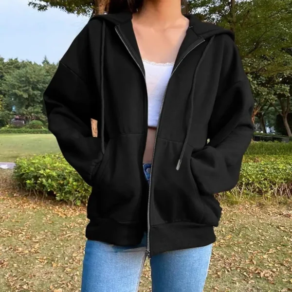 Women Jacket Coat Hooded Drawstring Long Sleeve Zipper Placket Zip-up Unisex Jacket Casual Solid Color Pockets Sweatshirt - Image 3