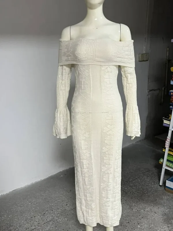 Apricot Knitted Long Dress for Women Sexy Off The Shoulder Slim Beach Holiday Dresses Elegant Long Sleeve Summer Dress 2025 - Image 6