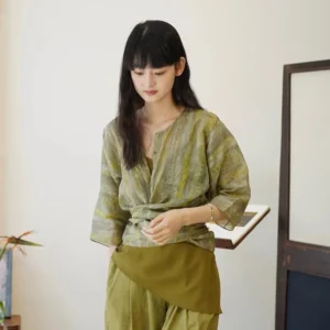 100% Ramie Shirt Women's Half Sleeve V-neck Green Printing Summer 2025 Lace-up Loose Female Blouse