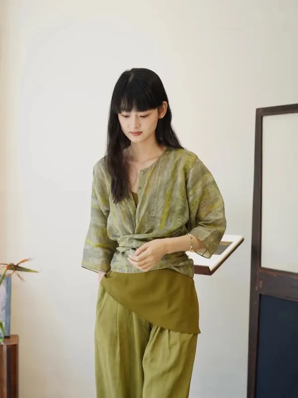 100% Ramie Shirt Women's Half Sleeve V-neck Green Printing Summer 2025 Lace-up Loose Female Blouse