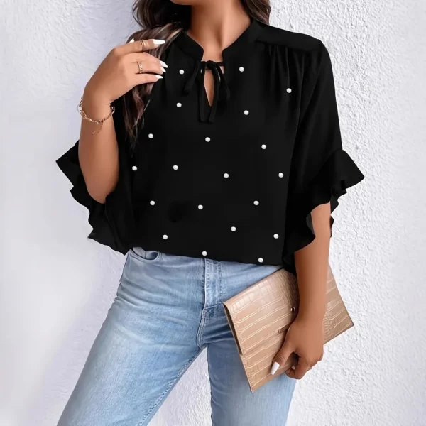 Large Size Shirt with Bow Tie Sleeve Edge And Artificial Pearl Button Women's Fashionable Casual Shirt from Mainland China - Image 4