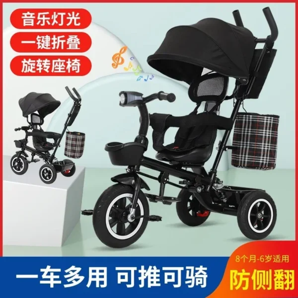 Children's Tricycle Bicycle 1-3 To 6 Years Old Foldable Baby Stroller with Canopy - Image 5