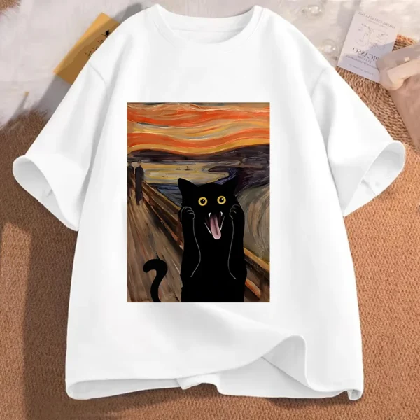 Scared Cat Print Clothes Crew Neck Men Women's T-shirt Casual Short Sleeve Top for Summer Y2k Top Fashion Women's Tee Clothing