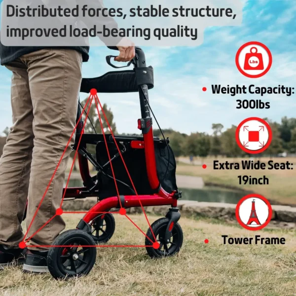 Henmnii Rollator Walker for Seniors, Lightweight Foldable All Terrain Rolling Walker with seat, Aluminum Walkers with 8 inch Rub - Image 4