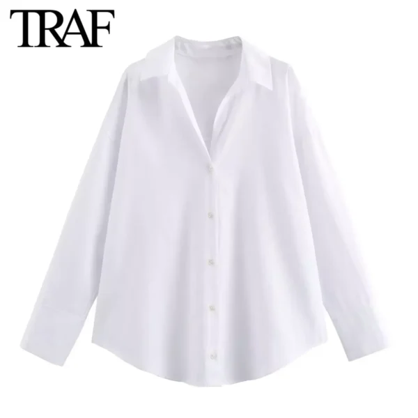 TRAF Women Fashion Spring Cotton Oxford Long Sleeve Single-breasted Lapel Blouse Street Clothing Shirt Chic Ladies Tops Mujer - Image 2