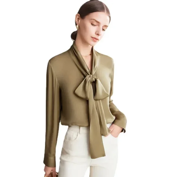 Silk Shirt Women's Thick Temperament Streamer 2024 Spring and Summer New Mulberry Silk Lace-up Design Shirt Long-sleeved Top - Image 5
