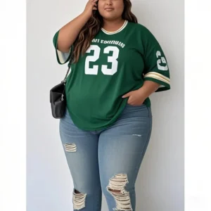 Plus Size Fashion SOLY HUX Women Sports Loose T-shirt Sweatshirt Pattern V-neck T-shirt Breathable Comfortable Casual Sportswear