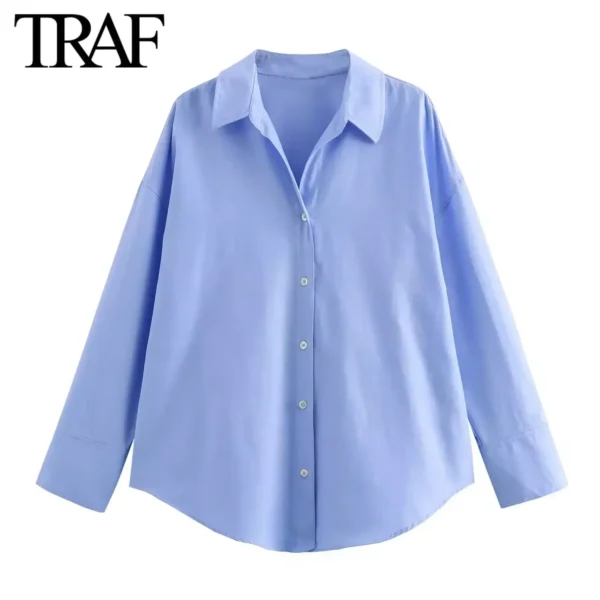 TRAF Women Fashion Spring Cotton Oxford Long Sleeve Single-breasted Lapel Blouse Street Clothing Shirt Chic Ladies Tops Mujer - Image 6