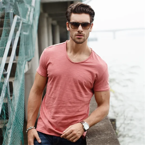 AIOPESON 100% Cotton Men T-shirt V-neck Fashion Design Slim Fit Soild T-shirts Male Tops Tees Short Sleeve T Shirt For Men - Image 3