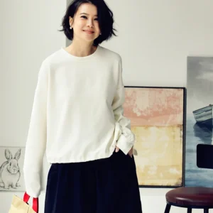 MICOCO T2207C New Chinese satin splicing loose drawstring short round neck long sleeve T-shirt woman