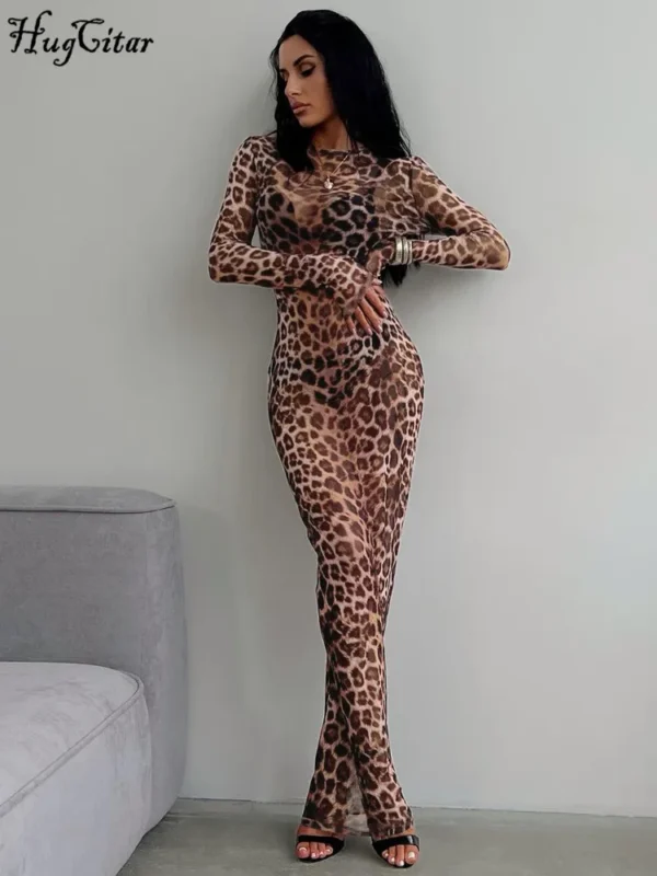 Hugcitar 2024 Leopard Print Mesh Long Sleeve Sexy Slim See Through Maxi Dress Fall Women Fashion Outfits Beach Vacation Club
