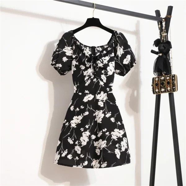 Women Mini Dresses Summer Fashion Female Vestidos Print Floral Chiffon Dresses Shirring Pleated Short Puffy Sleeve Casual Dress - Image 3