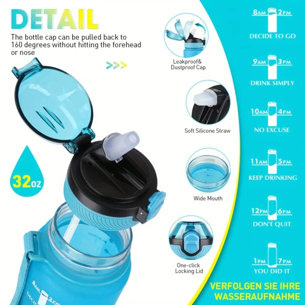 AOHAN 1PC1L Reusable Water Bottle with Straw, PCTG Material, Leakproof, and Time Markings for Fitness, Gym, School, and Outdoor - Image 2