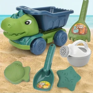 Dinosaur Beach Toys Set 6PCS with Wheelbarrow -Durable Sand Play KitIndoor/Outdoor Sandbox Games Head Storage&Vibrant Colors