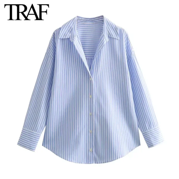 TRAF Women Fashion Long Sleeve Single-breasted Lapel Cotton Oxford Blouse Street Clothing Shirt Chic Ladies Crop Tops Mujer - Image 3