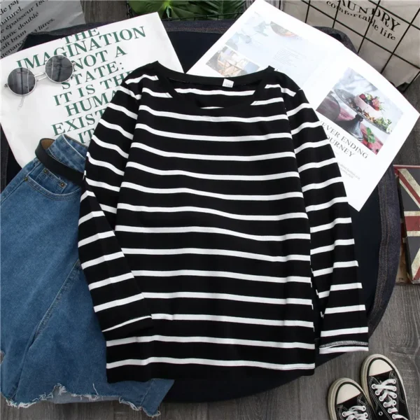 1PC Spring and Autumn Winter Black Striped Top with Foreign Style Ins Bottom Shirt Women Long Sleeve T-shirt - Image 2