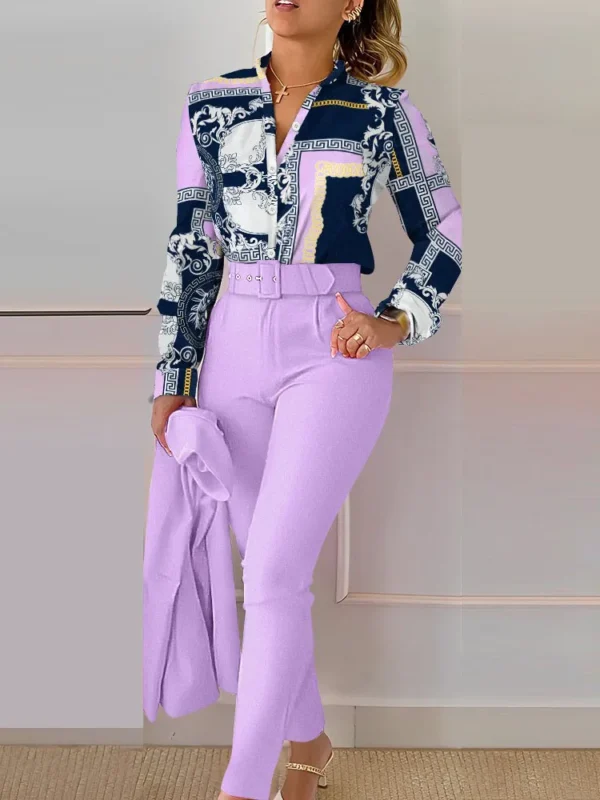 Women's Printed Long Sleeved Shirt Suit Spring Summer Slim High Waist Lace Up Elegant Female Office Pencil Pants Two Piece Set - Image 2