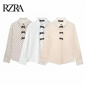 2025 RZRA Spring New Women's Fashion and Casual Style Butterfly Knot Polka Long Sleeve Collar Slimming Shirt