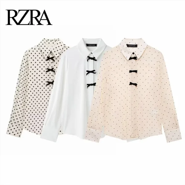 2025 RZRA Spring New Women's Fashion and Casual Style Butterfly Knot Polka Long Sleeve Collar Slimming Shirt