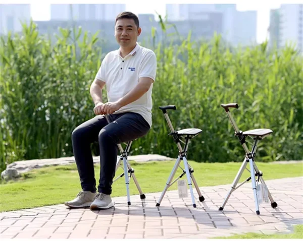 High Quality Aluminum Alloy Foldable Walking Cane Stick With Seat Adjustable Elderly Crutch Chair With Stool - Image 5