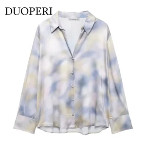 DUOPERI Women Y2K Fashion Tie Dye Blouse Lapel Neck Long Sleeves Female Chic Lady Shirts Mujer