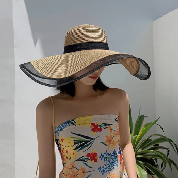 Women Sun Hat Big Eaves Waves Beach Cap Ladies Hat Big Brim Sun Visors UV Cut Bucket Panama Cap Foldable Straw Sunscreen Vintage - Image 4