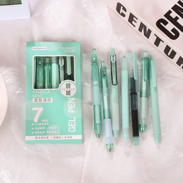 7Pcs/Set Highlighter Pen Set Quick-Drying Ink Gel Pen Creative Ballpoint Pen Neutral Pen Writing Tool School Stationery Pen Set - Image 2