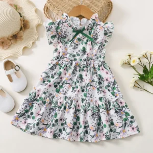 1-6 Years Kids Baby Girl Daily Dress Flowers Print Sleeveless Retro Style Lovely A- Line Summer Children Holiday Party Dresses