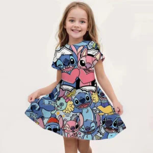 Summer New Disney Stitch Children's Short-Sleeved Dress Girls Round Neck Slim T-Shirt 4-14 Years Old Kids Clothing Holiday Gift