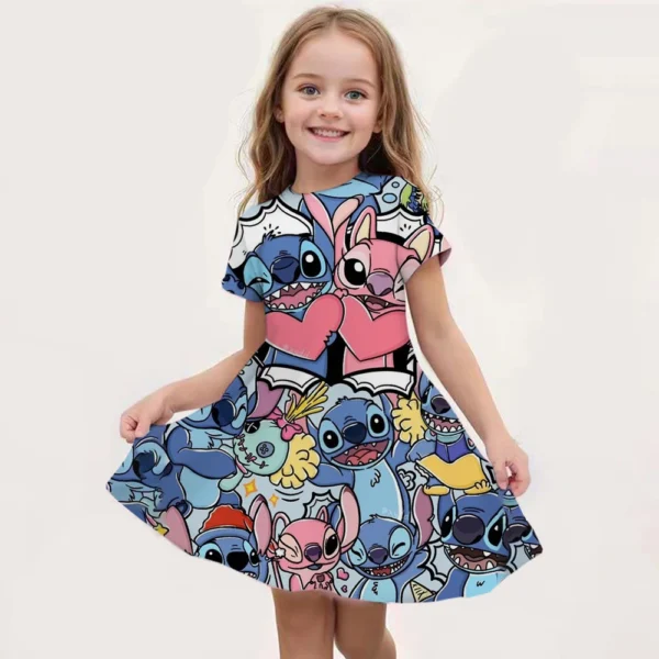 Summer New Disney Stitch Children's Short-Sleeved Dress Girls Round Neck Slim T-Shirt 4-14 Years Old Kids Clothing Holiday Gift