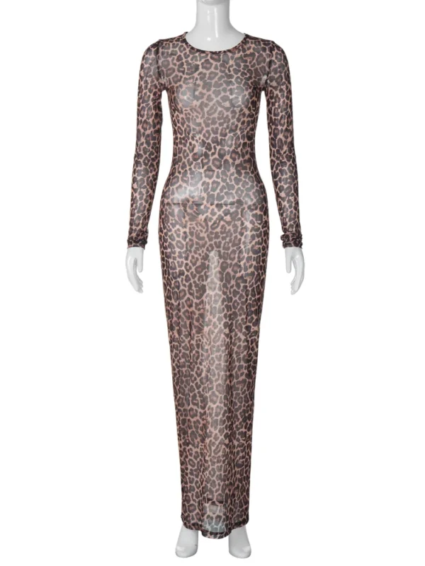 Hugcitar 2024 Leopard Print Mesh Long Sleeve Sexy Slim See Through Maxi Dress Fall Women Fashion Outfits Beach Vacation Club - Image 6